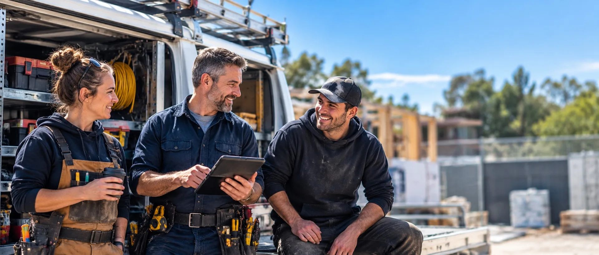 Three tradespeople talking beside an open work van