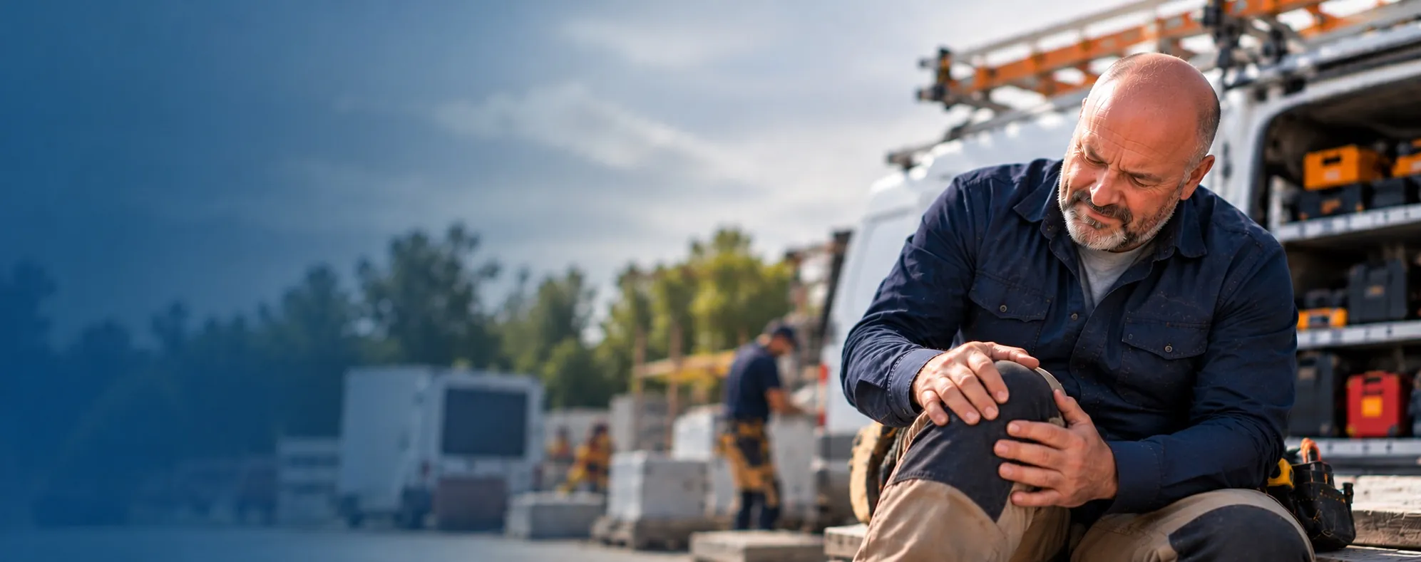 Tradesperson sitting beside his work van holding an injured knee