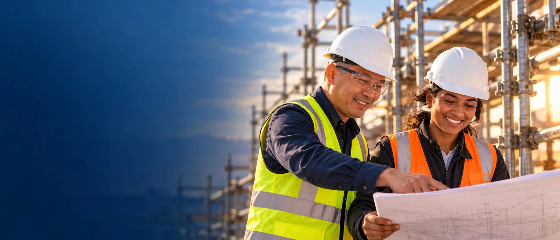 Two workers in hard hats and hi-vis vests reviewing plans in front of scaffolding