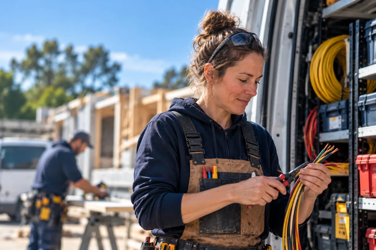 Electrician preparing cables beside a work van
