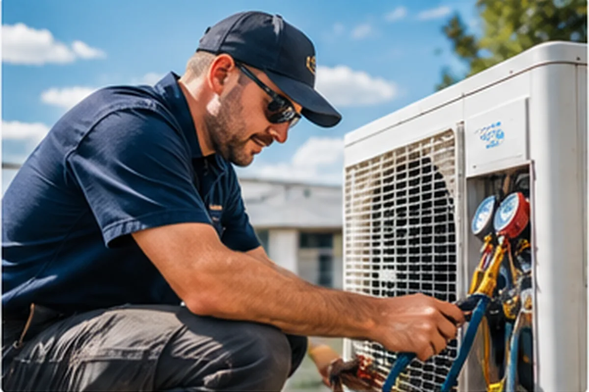 Technician checking refrigerant gauges on an outdoor air conditioning unit