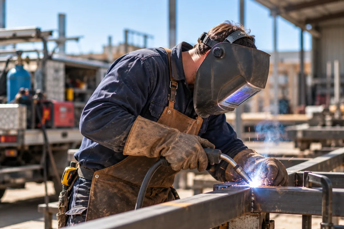 Welder in a protective helmet and gloves welding a steel frame